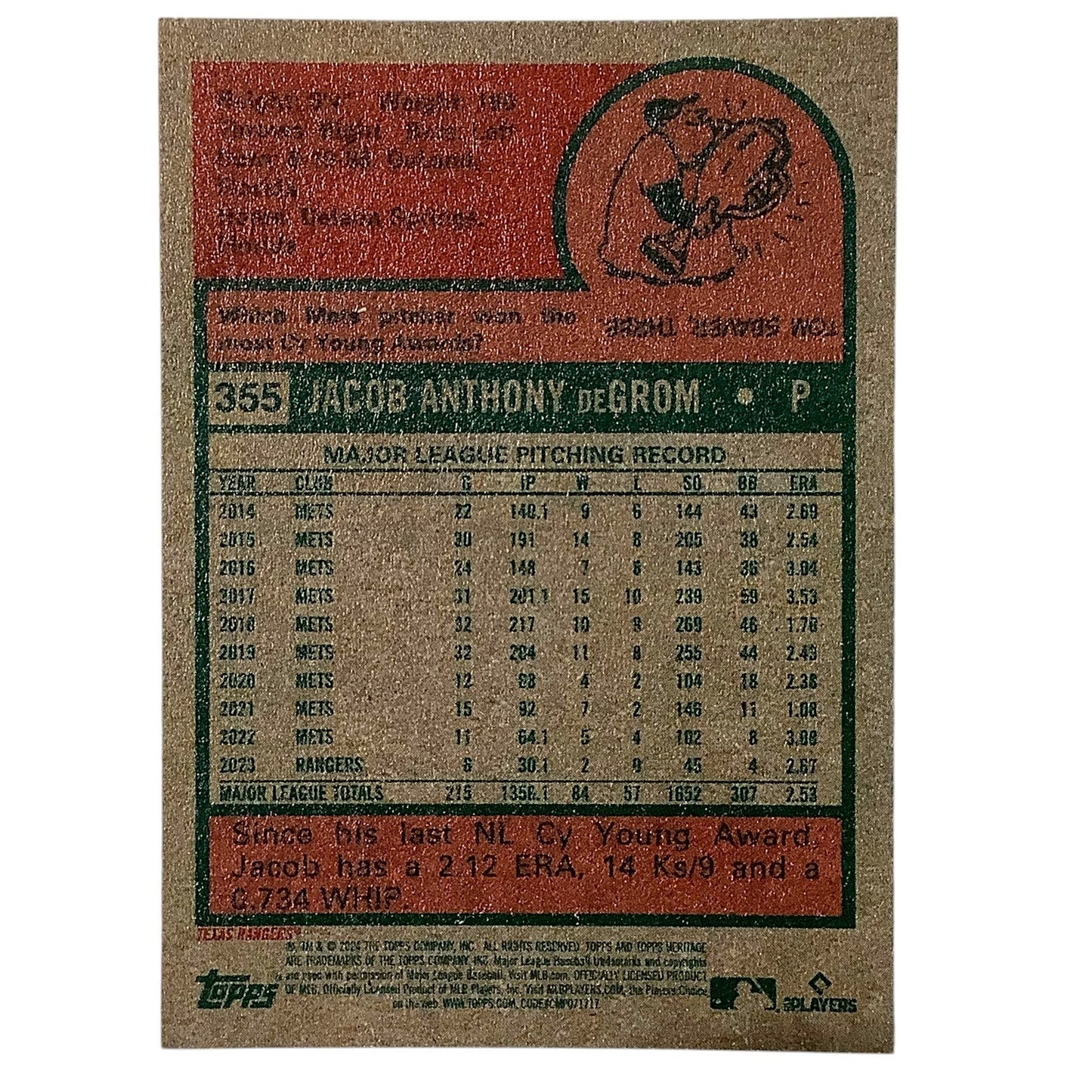 2024 Topps Heritage - Jacob DeGrom, Texas Rangers P, Card #355, NM+