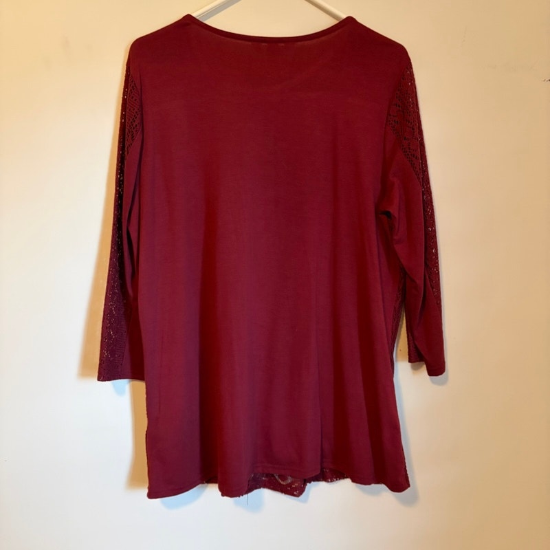 Krazy Kat Maroon Crochet Tunic Top - Women's Large 3/4 Sleeve - Excellent