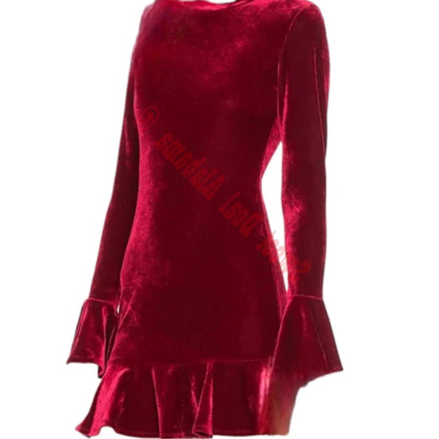 R.Vivimos  Women's Long Sleeve Velvet Ruffled Bodycon Mini Dress, Wine Red, M