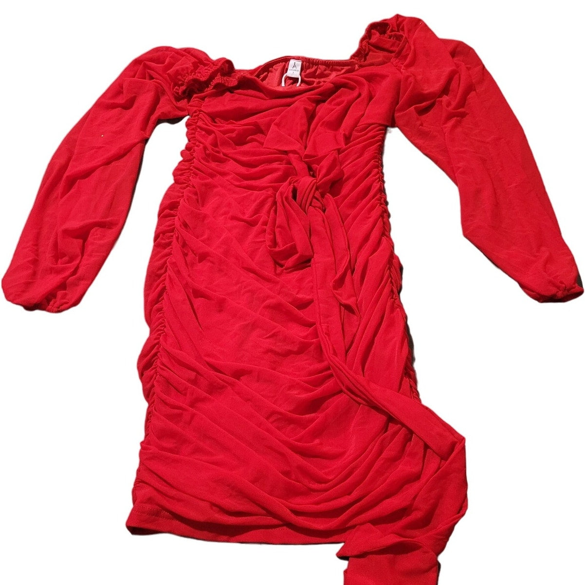 ANRABESS Sexy V-Neck Ruched Bodycon Mini Dress Puff Long Sleeve, S (4-6)