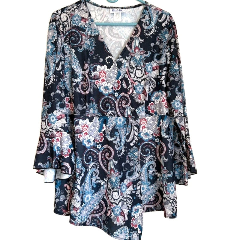 Blair Women's Navy Paisley V-Neck Bell Sleeve Top Size L Asymmetrical Hem