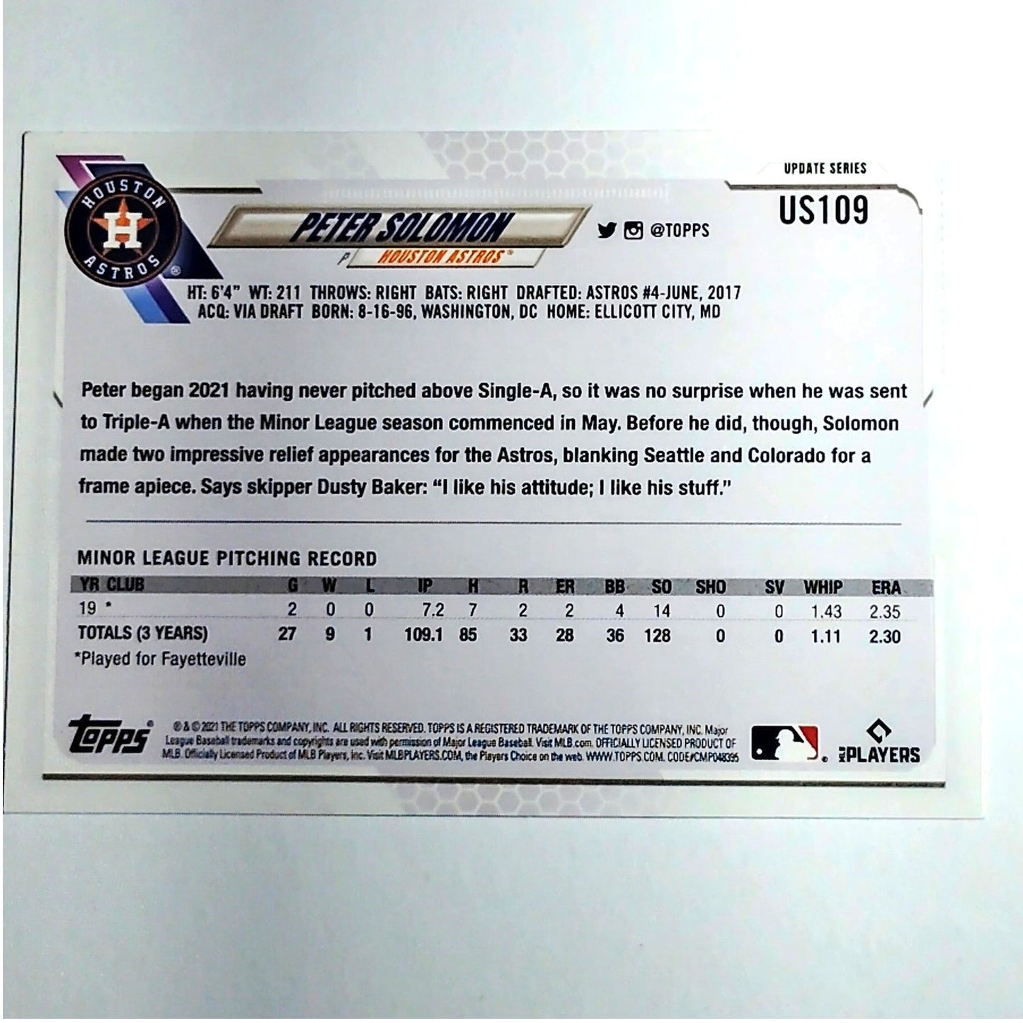 2021 Topps Update Peter Solomon RC Houston Astros P Card #US109 VG/EX