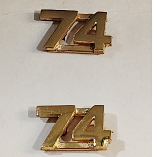Early/Mid 1900s Brass C-Clasp "74" Collar Devices 3/8"H Hat / Lapel Pins Set