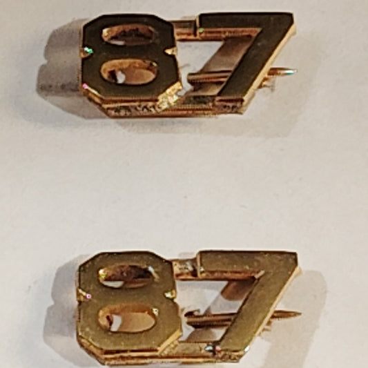 Early/Mid 1900s Brass C-Clasp "87" Collar Devices 3/8"H Hat / Lapel Pins Set