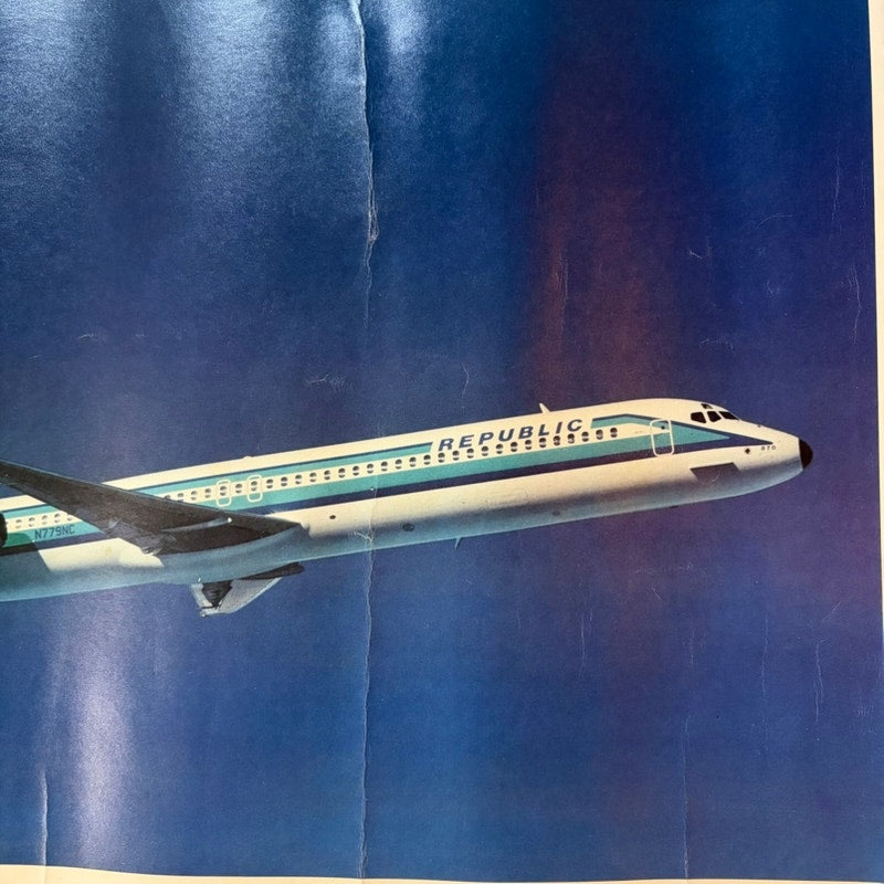 VTG  80's Republic Airlines DC-9 Plane Poster Blue & White 22 x 17" Aviation Art