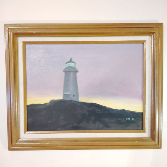 Vintage 1987 Framed Lighthouse Painting Signed EM '87 Coastal Canvas Gold Frame