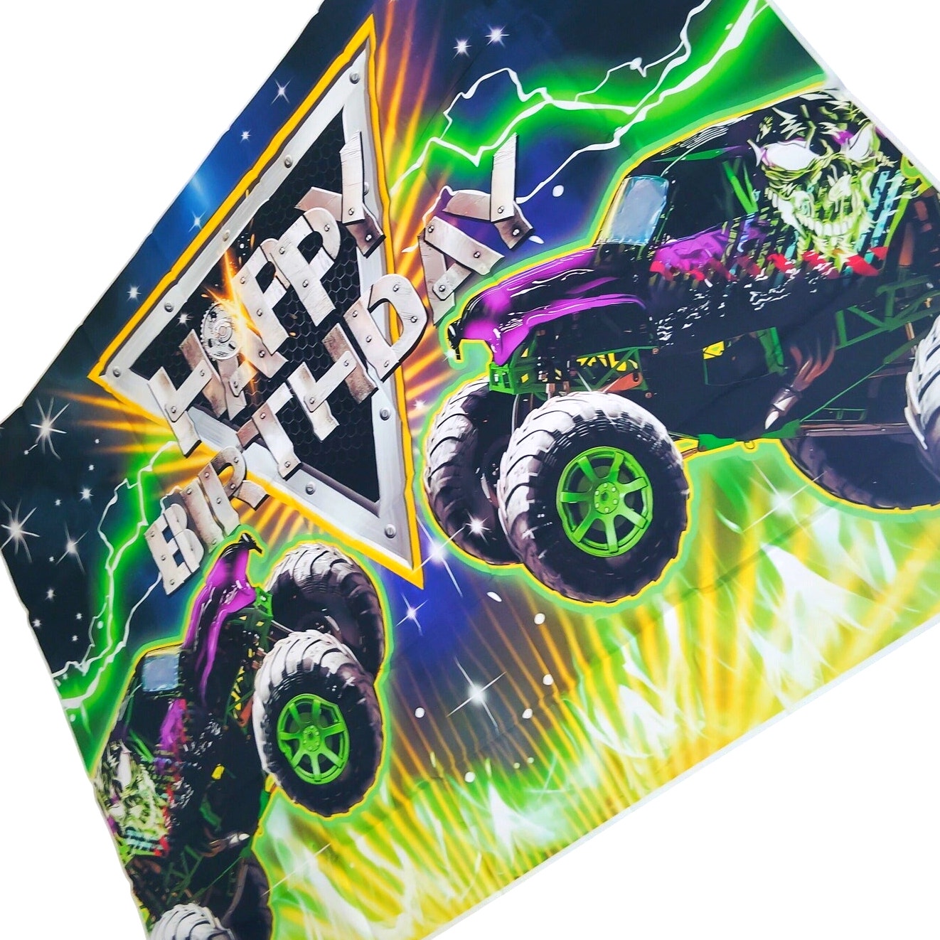 Monster Truck Birthday Backdrop 7×5 ft Green Car Racing Party Background