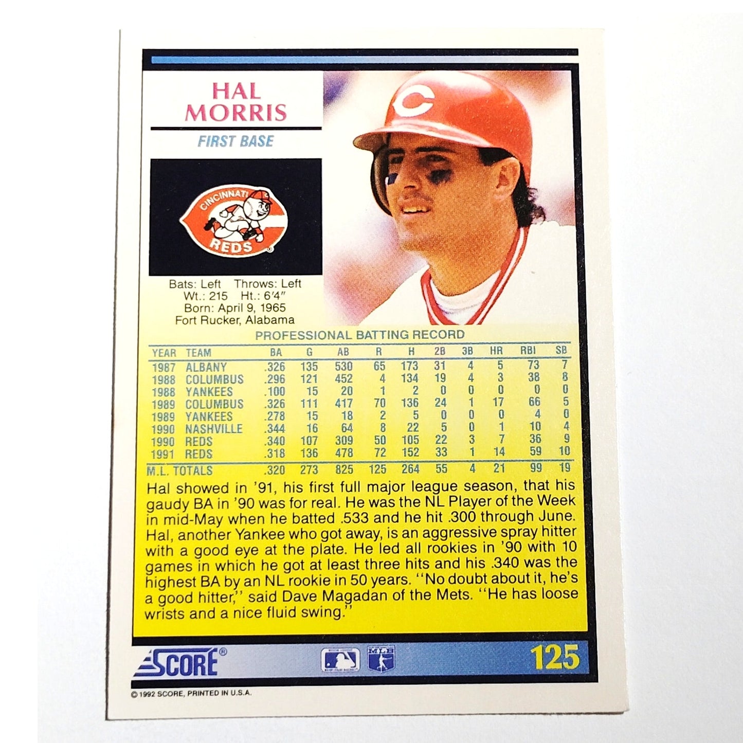 1992 Score Hal Morris #125 Cincinnati Reds First Baseman MLB Baseball NM