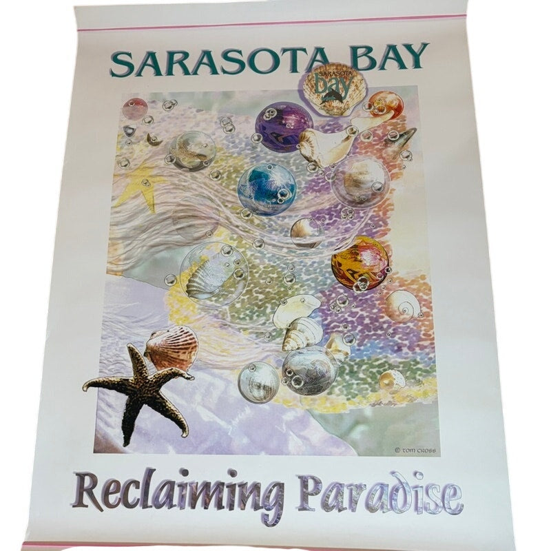 Vintage 90s Tom Cross Sarasota Bay Ocean Life Poster - 24x18" Glossy Art Print