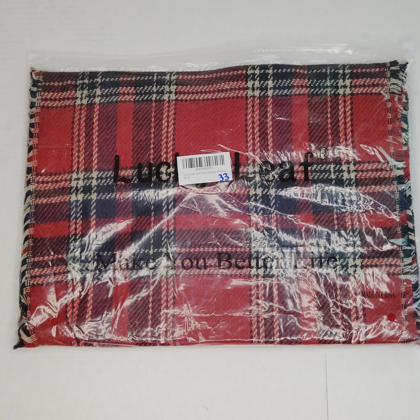 Lucky Leaf Infinity Scarf w/ Tassles, Reversible, Red/Black Plaid & Geometric