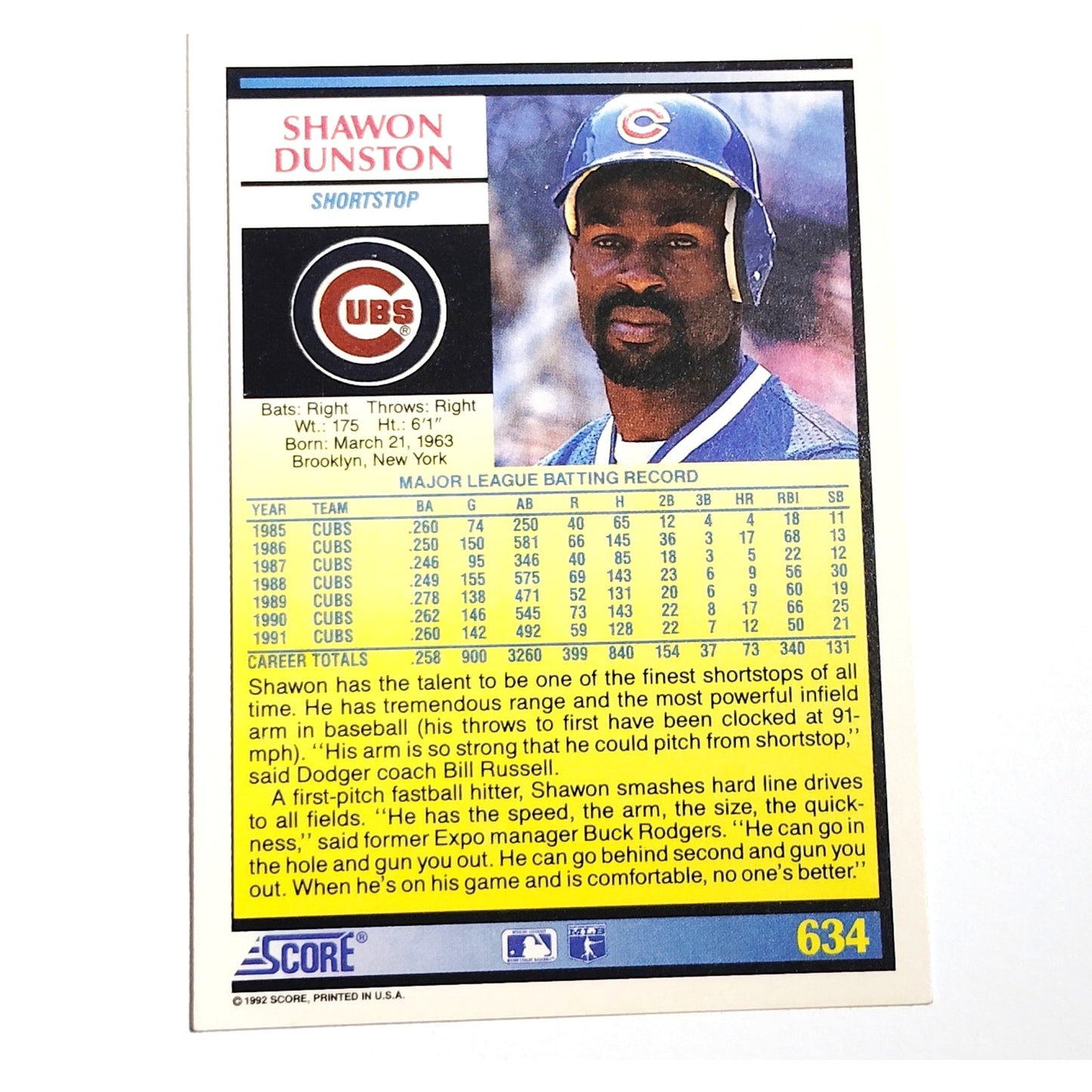 1992 Score Shawon Dunston #634 Chicago Cubs Shortstop MLB Baseball NM