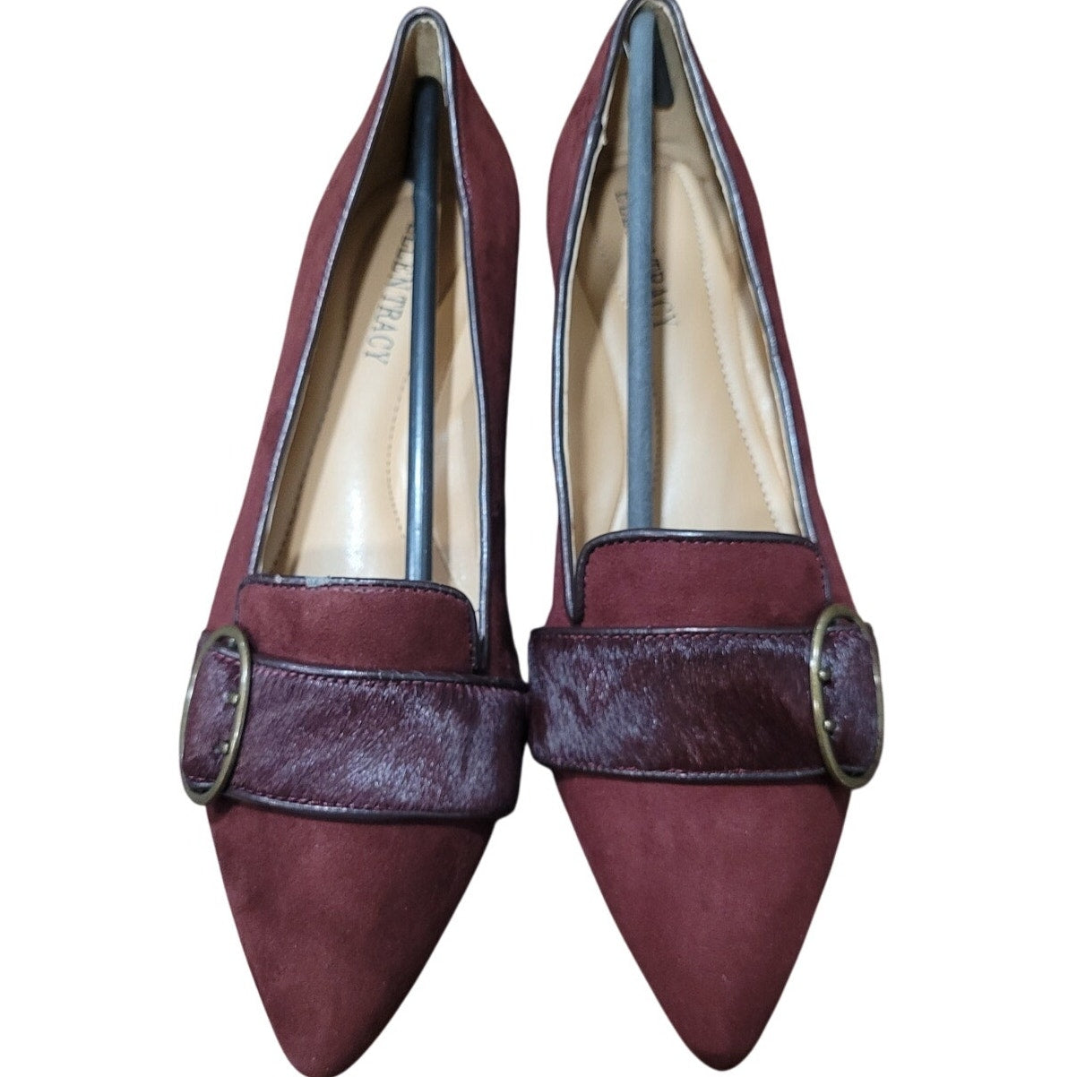 Ellen Tracy Women’s Burgundy Pointed-Toe Flat – ET-FIG, Buckle Detail, Size 8