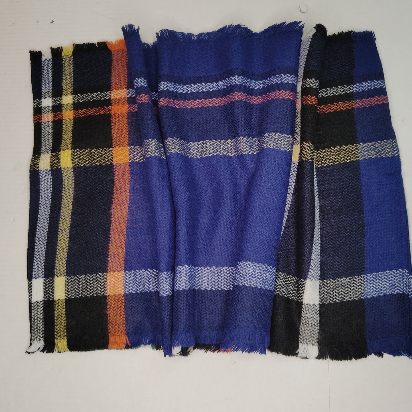Lucky Leaf Infinity Scarf w/ Tassels Lightweight 100% Acrylic Navy Blue Plaid