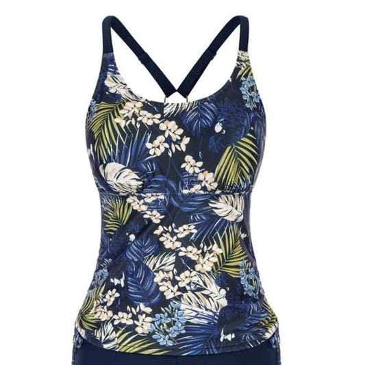 Jasambac Dark Blue Palm Leaves Tankini Top Scoop Neck Ruched Women’s 2XL
