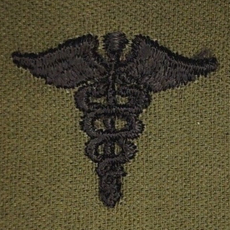 US Army Medical Corps Subdued OD Green Caduceus Patch Pair Sew‑On