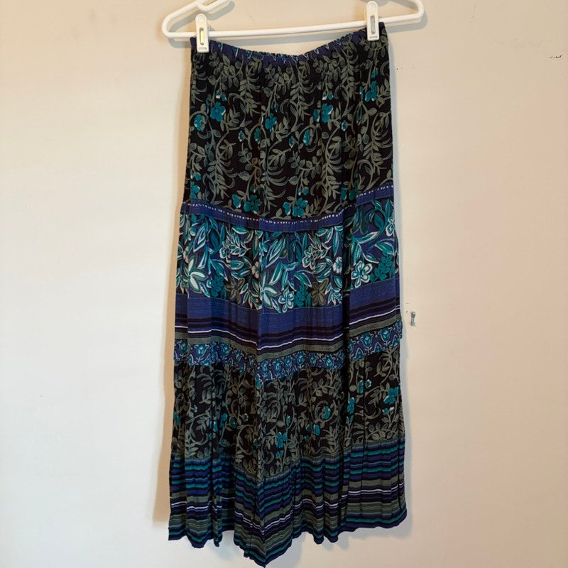 Vintage Casual Studio 2PC Floral Maxi Skirt & Top Set M Blue Boho Rayon Tiered