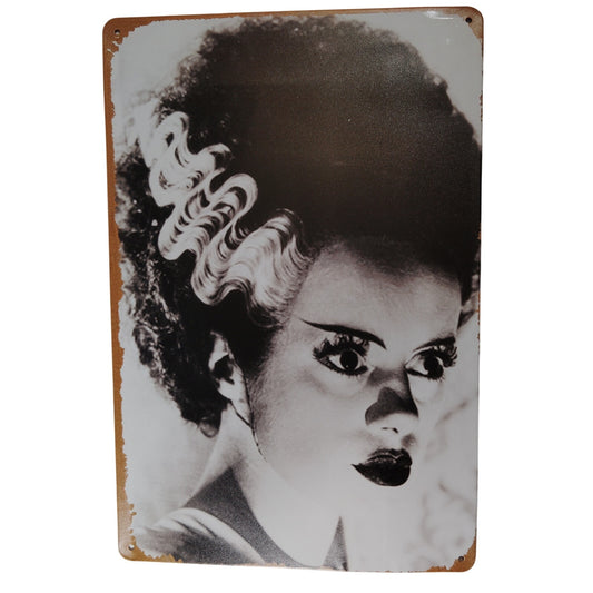 Bride of Frankenstein Tin Sign, 8"x12" Retro Vintage Horror Art, Classic B&W