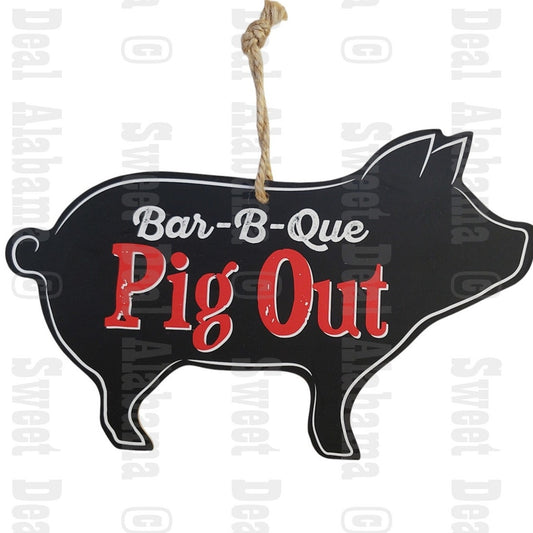 Wood Plaque / Sign Arrow "Bar-B-Que Pig Out" Pig 8" x 5 x 1/8"