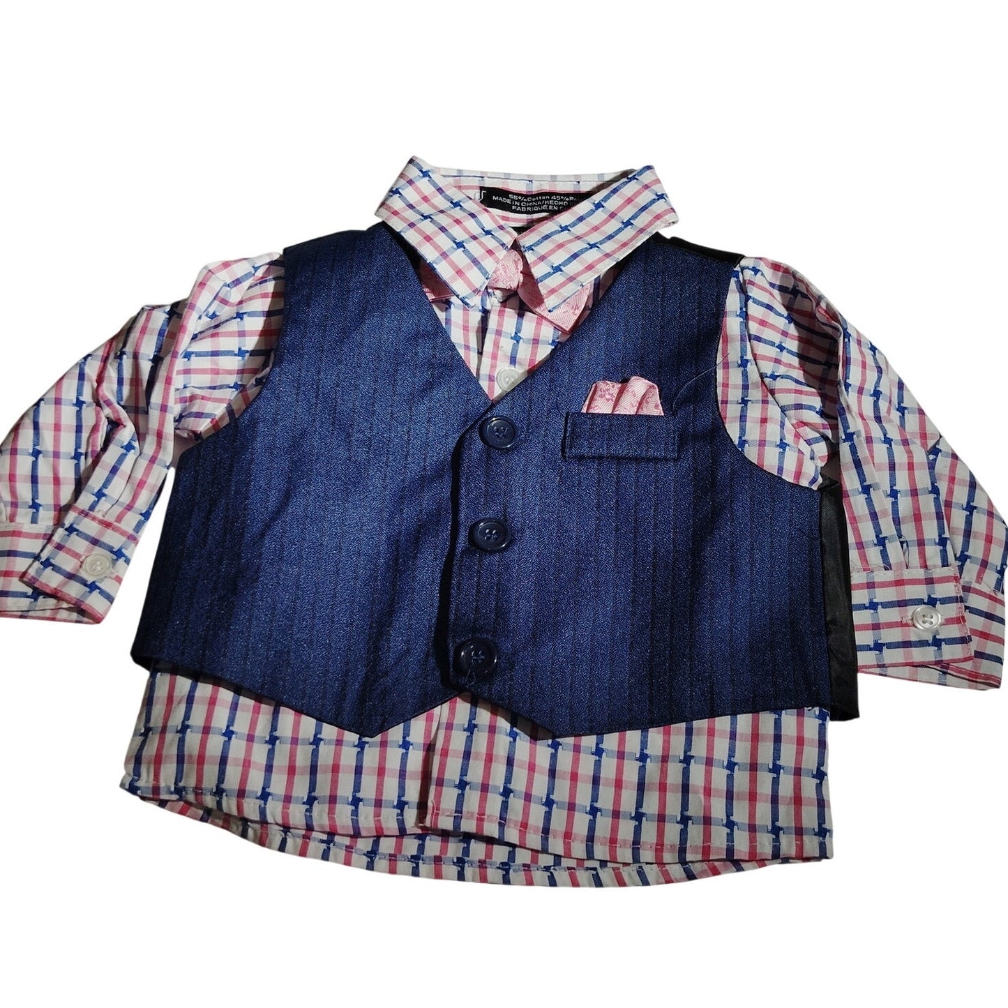 Andrew Fezza 3PC Vest Shirt Tie Dress Outfit Pink Blue Plaid 6/9 Months