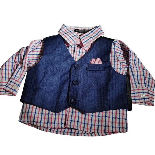Andrew Fezza 3PC Vest Shirt Tie Dress Outfit Pink Blue Plaid 6/9 Months