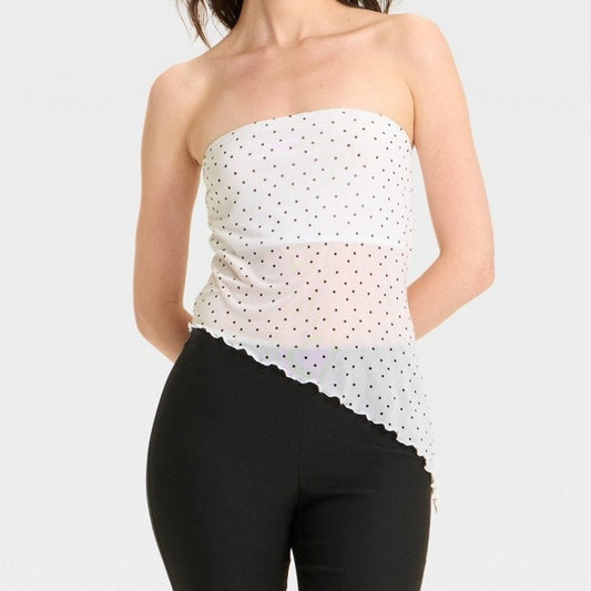 Wild Fable Women’s Sheer Tube Top White w/ Black Polka Dots,  Large