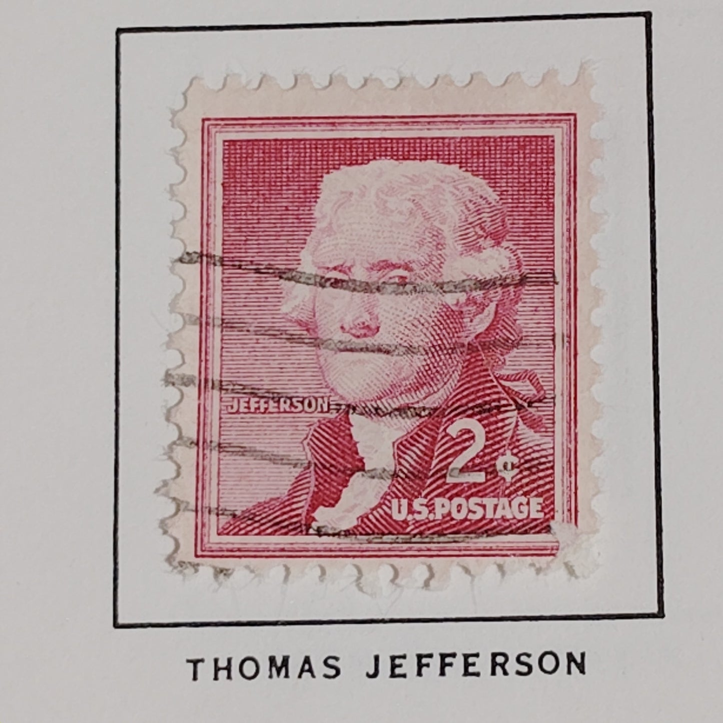 1954 2¢ Thomas Jefferson Stamp, Liberty Series, Scott #1033, Rose Red, Canceled