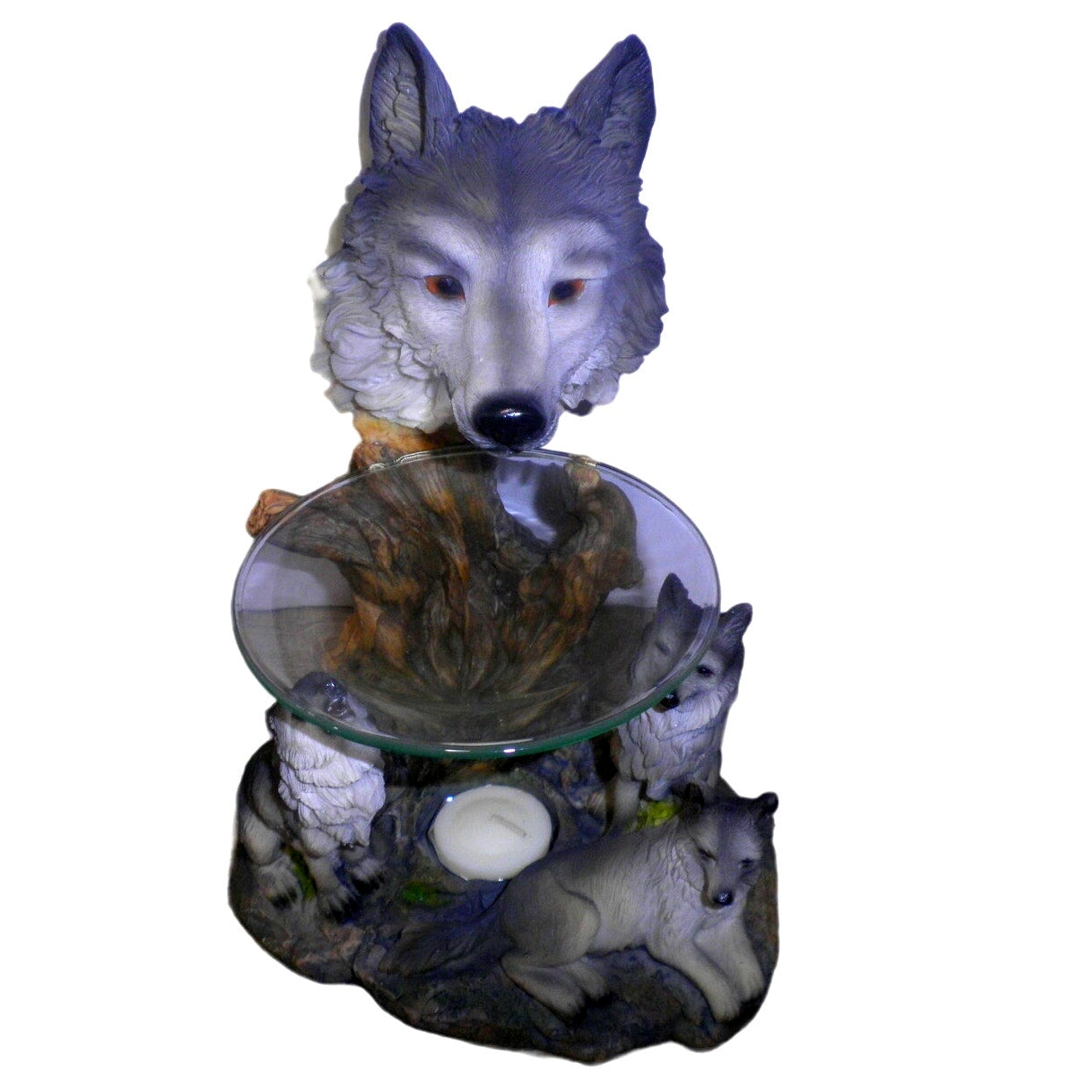 Rustic Nature Resin Wolf and Her Three (3) Pups. Very Detailed Piece, 8.5"H