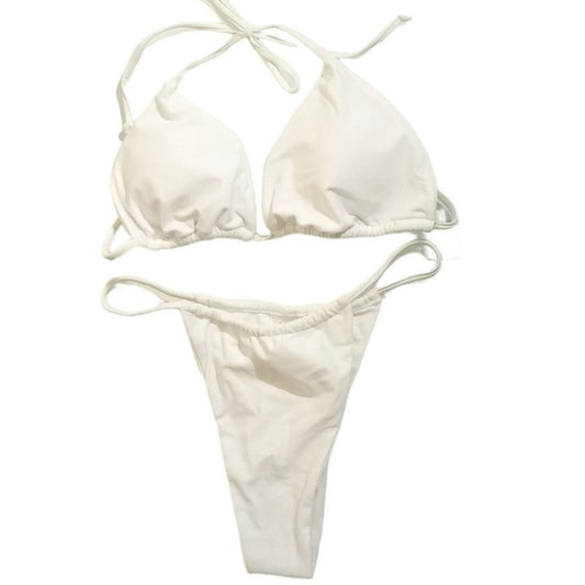 2-Piece Bikini Set, Halter Triangle Bra & Tie Side Thongs Swimsuit, SM, White