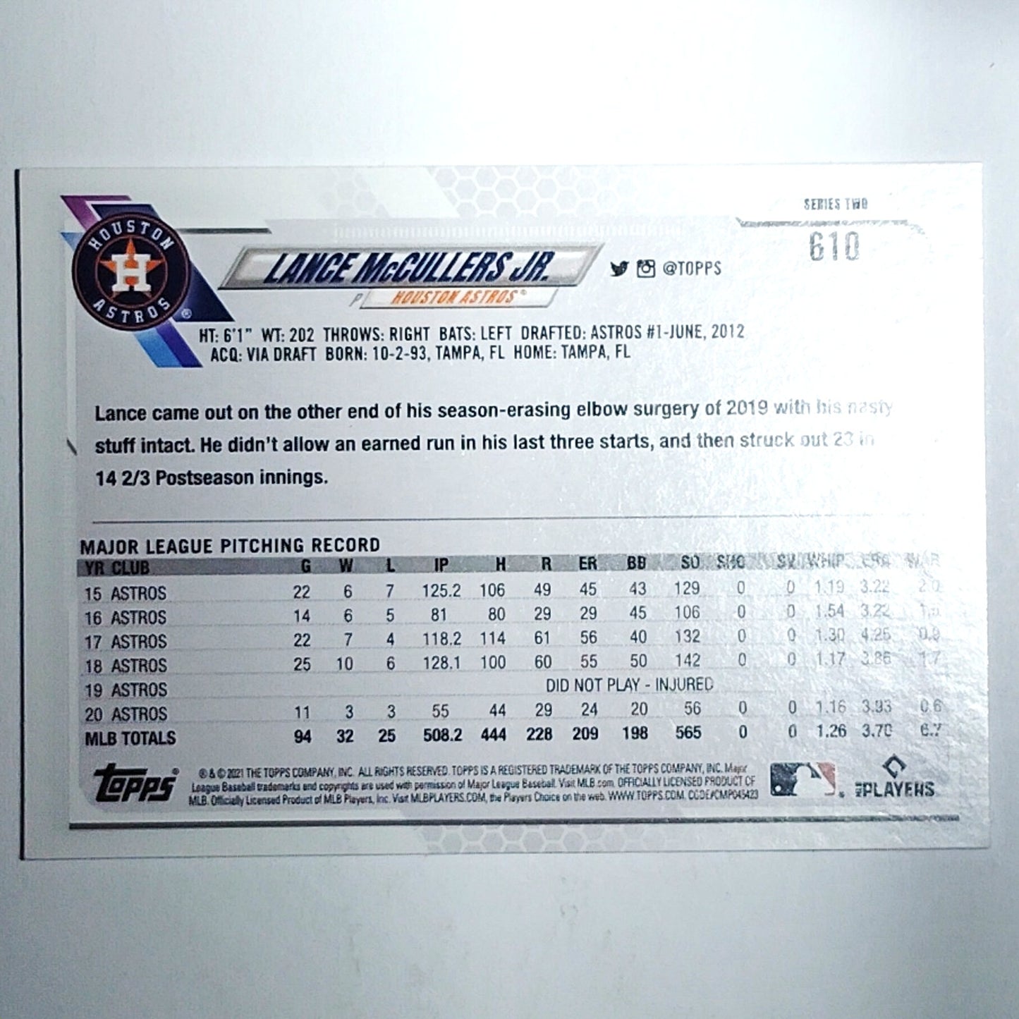 2021 Topps Series 2 #610 Lance McCullers Jr. Houston Astros Pitcher - VG/EX