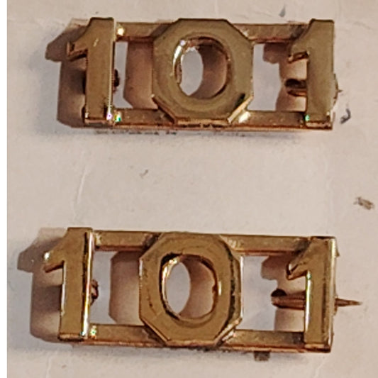 Early/Mid 1900s Brass C-Clasp "101" Collar Devices 3/8"H Hat / Lapel Pins Set