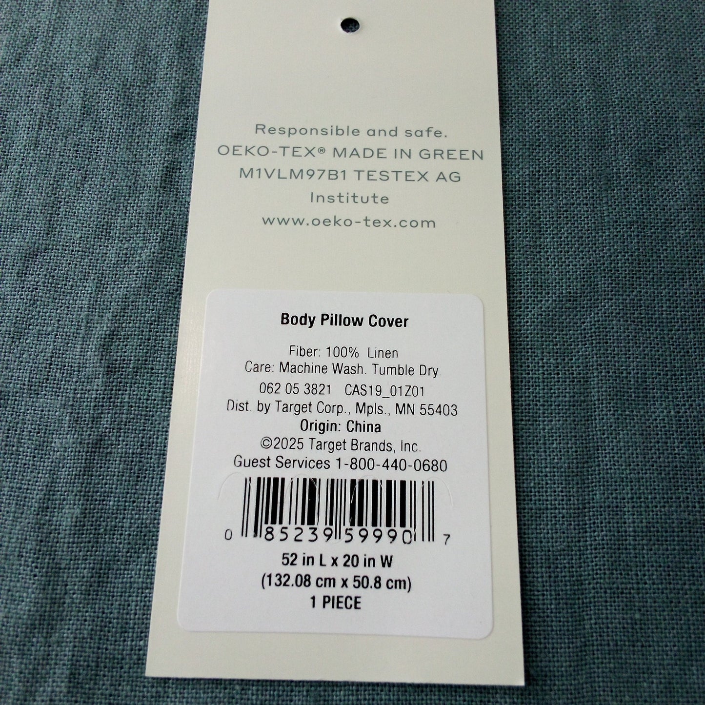 Casaluna Linen Body Pillow Cover – Light Teal, 100% Linen, Zippered, 52" x 20"