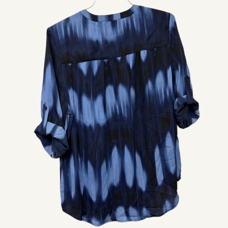 Faded Glory Women's 1X 16W Navy Sheer V-Neck Tie-Dye Roll-Tab Sleeve Top