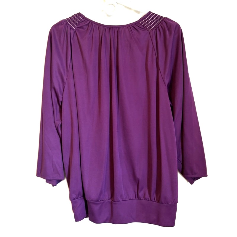 Blair Purple Embroidered Neckline 3/4 Sleeve Knit Top Women's Size L