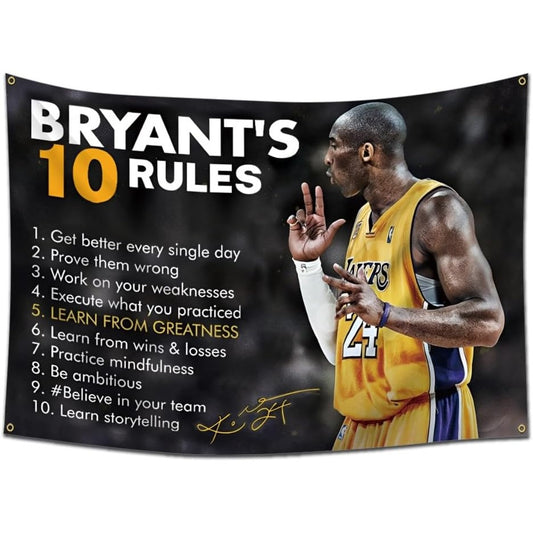 Kobe Bryant 10 Rules Flag – 3x5 Ft Tapestry Banner with Brass Grommets – Motivational Wall Art