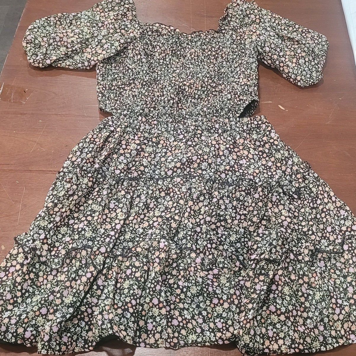 Art Class Girls' Smocked Bodice Cut‑Out Chiffon Dress – Black Floral – XXL