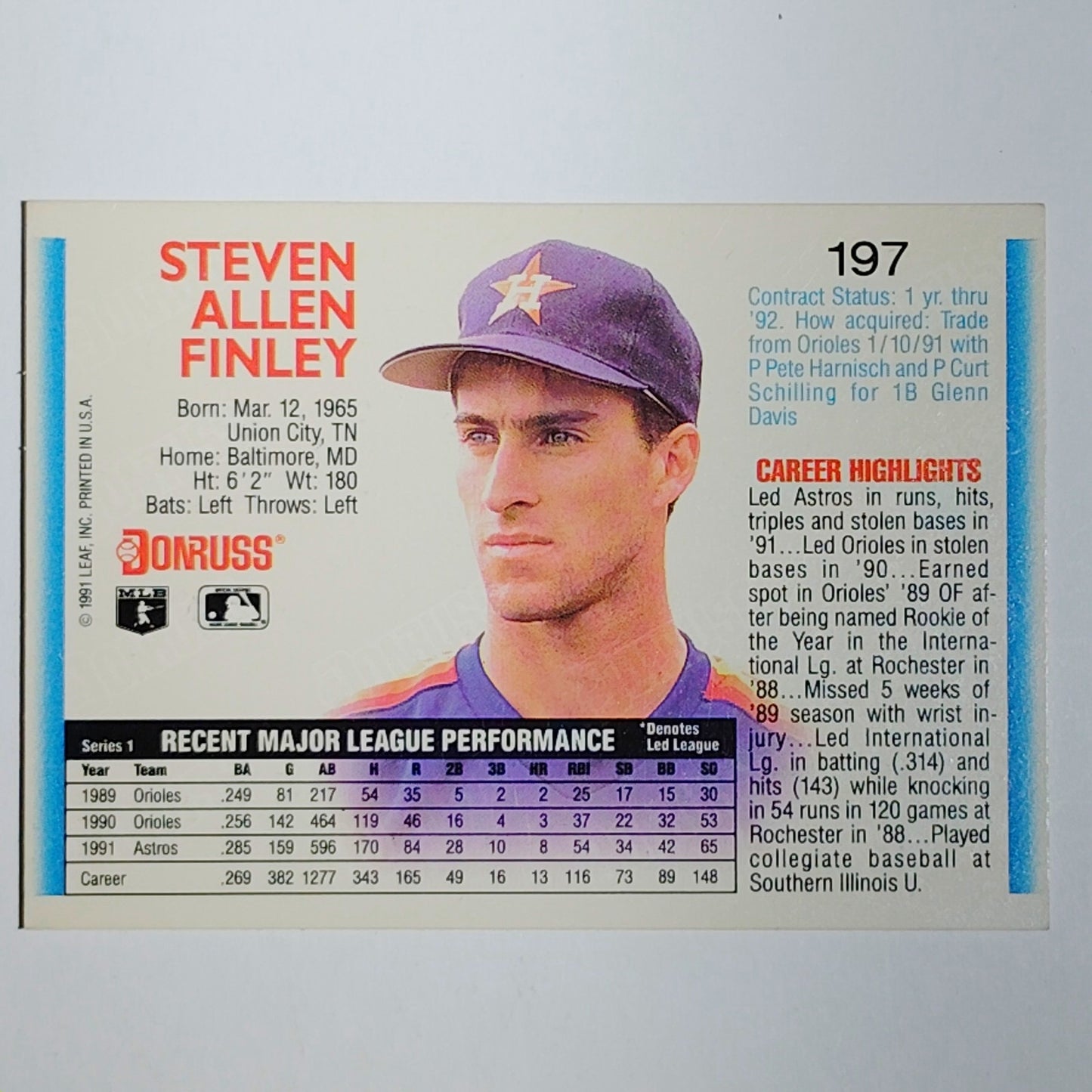 1992 Donruss #197 Steve Finley Houston Astros Center Fielder - VG/EX