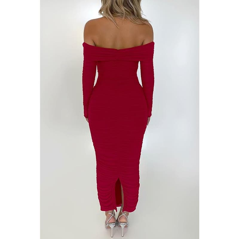 Fall Off Shoulder Maxi Bodycon Dress L/S Ruched Club Dress w/ Slit, MD, Wine Red