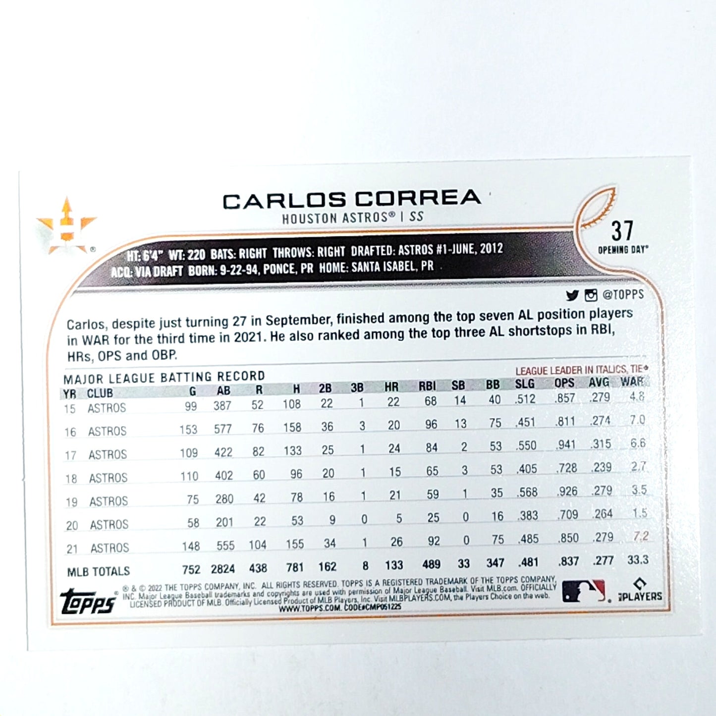 2022 Topps Opening Day #37 Carlos Correa Houston Astros Shortstop - VG/EX