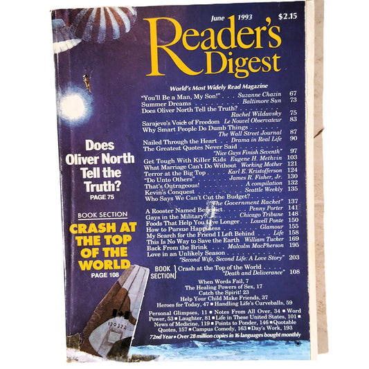 Reader's Digest June 1993 Magazine - Oliver North Cover Vintage Back Issue
