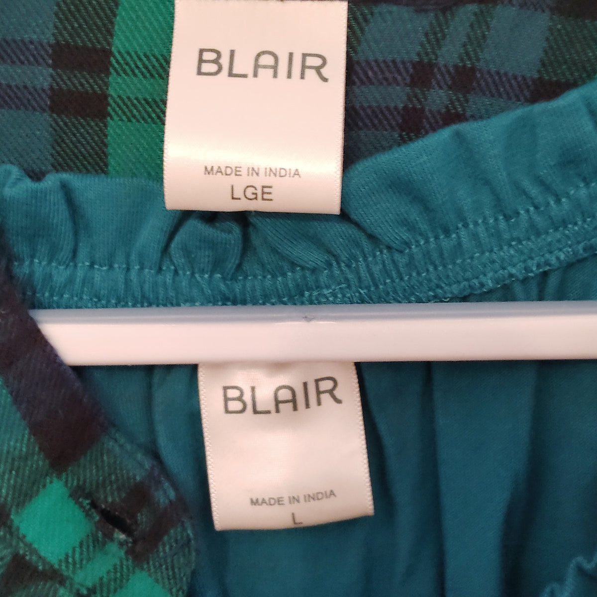 Blair Green Navy Plaid Overshirt Teal Smocked Top 2-PC Set Women’s Large EUC
