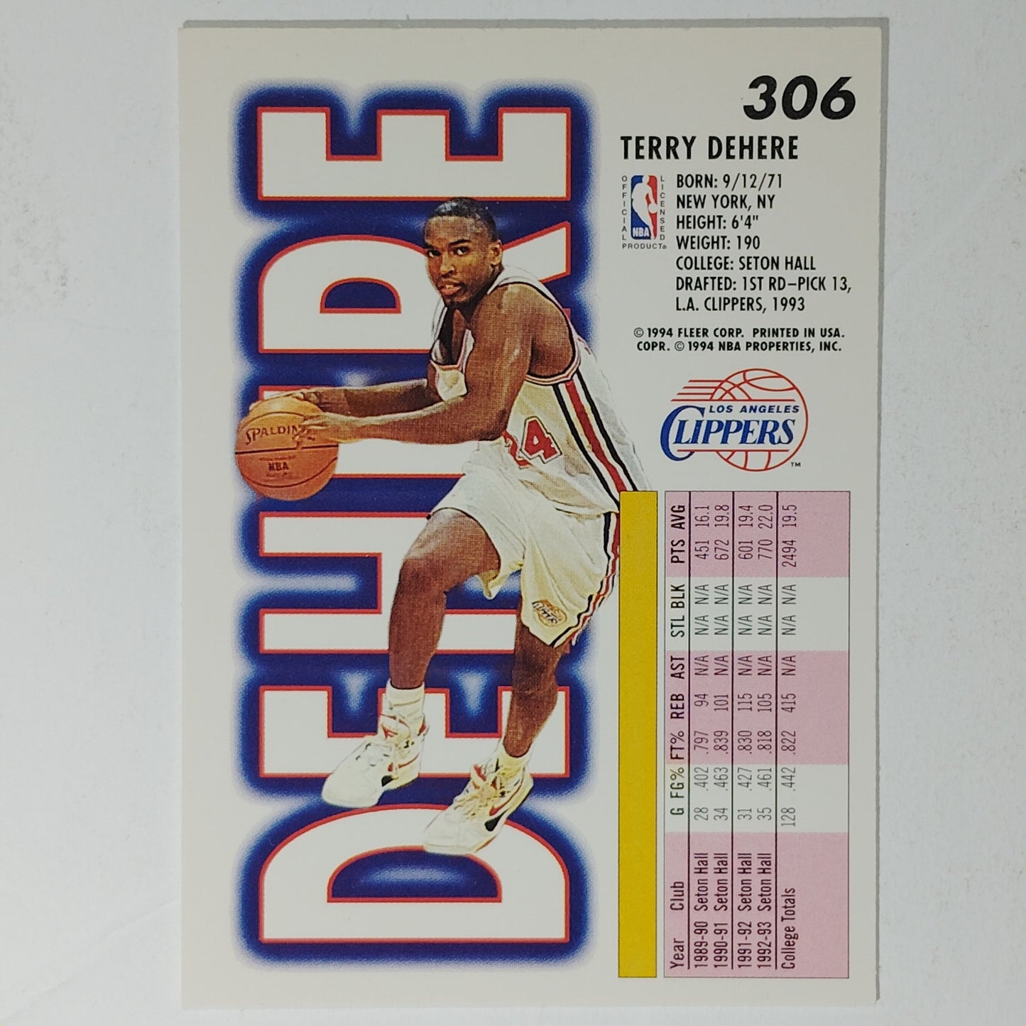 1993-94 Fleer Terry Dehere Card No. 306 – Clippers – Guard – VG/EX