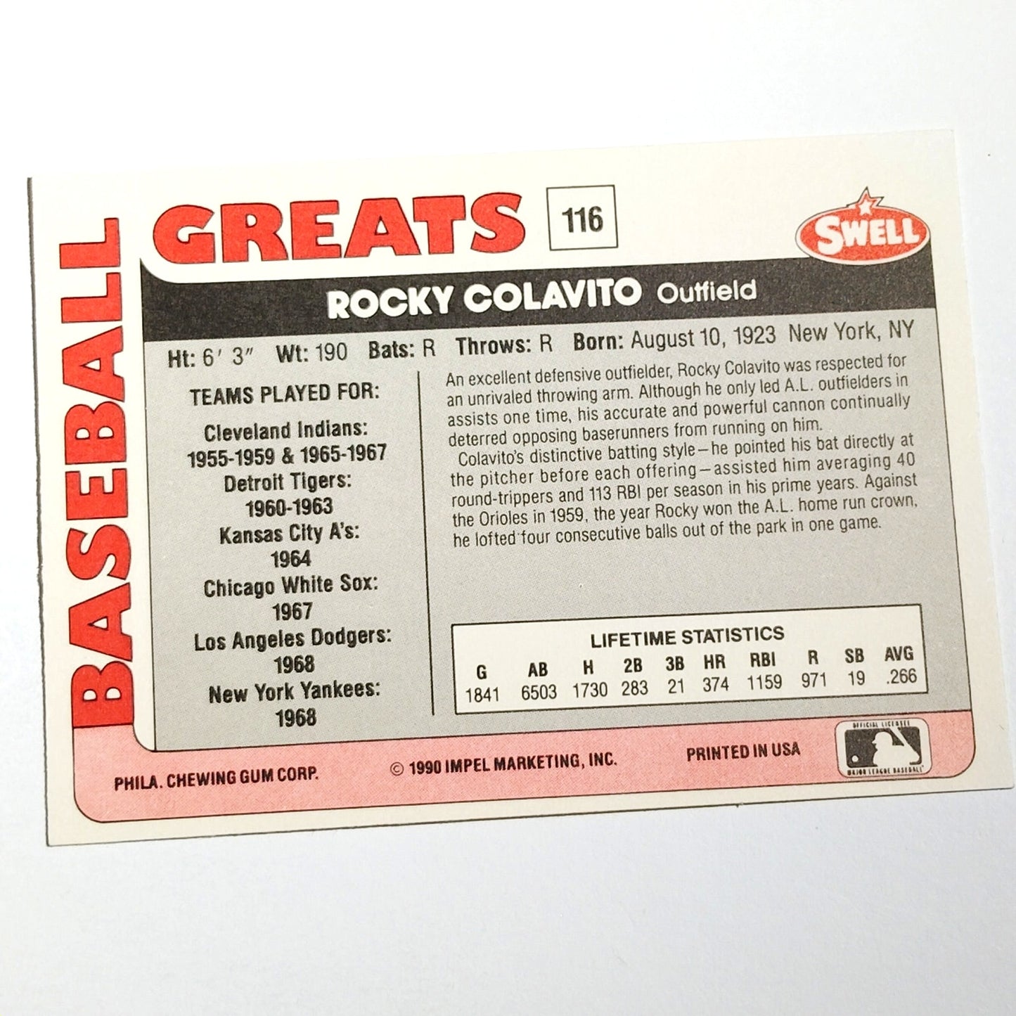 1991 Swell Baseball Greats Rocky Colavito #116 Cleveland Indians OF Baseball NM