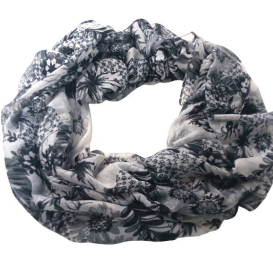 Lucky Leaf Infinity Scarf Lightweight 100% Viscose Black & White Floral