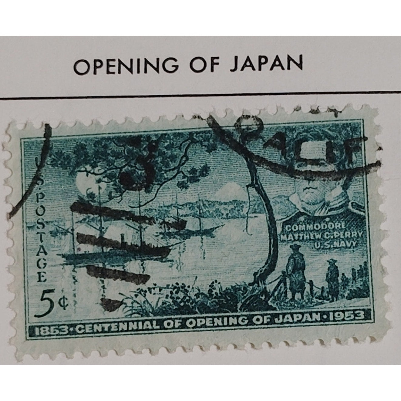 1953 5¢ Opening of Japan Centennial Stamp Scott 1021 Commodore Perry & Tokyo Bay