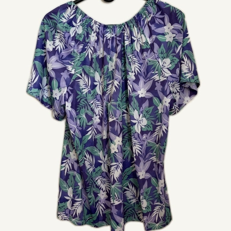 Blair Women's Floral Print Gathered Neck Top Purple Teal Size L Polyester