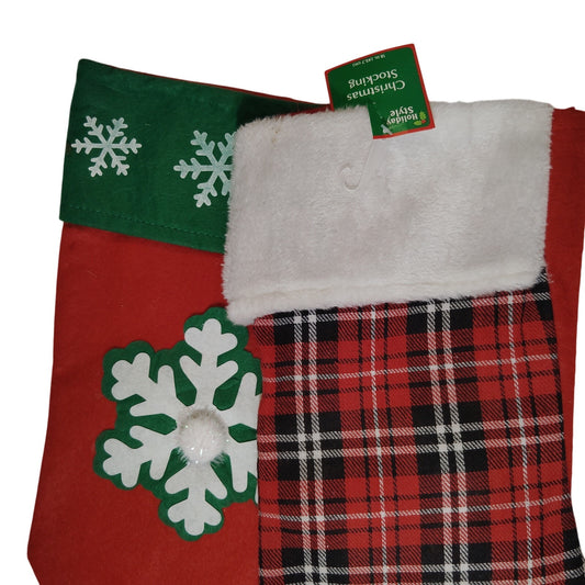 Set of 2 Holiday Christmas Stockings 16"x9" Red Plaid & Snowflake Felt Design