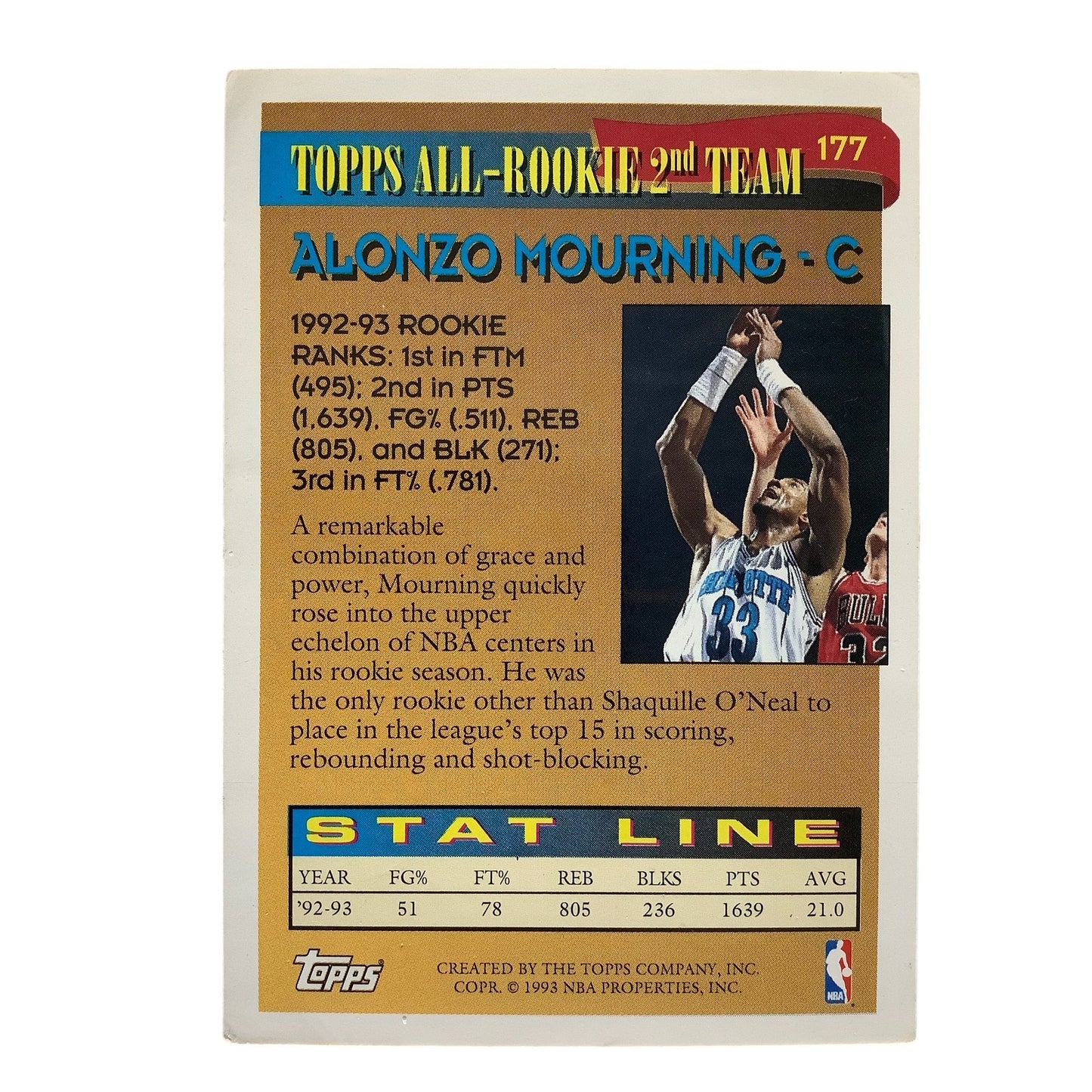 Alonzo Mourning, Hornets, 1993 Topps '92-93 All-Rookie 2nd Team Card 177, EXC