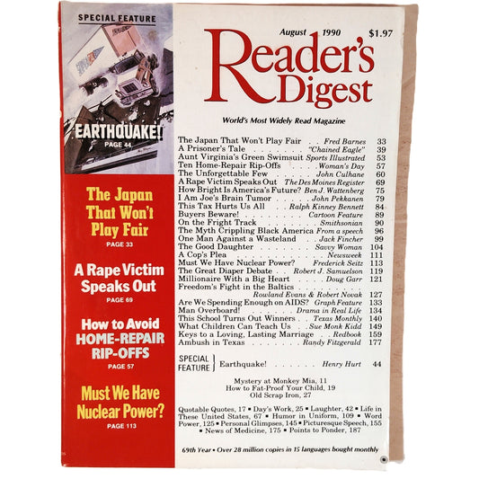 Reader's Digest August 1990 Vintage Magazine Earthquake Carol Burnett Issue