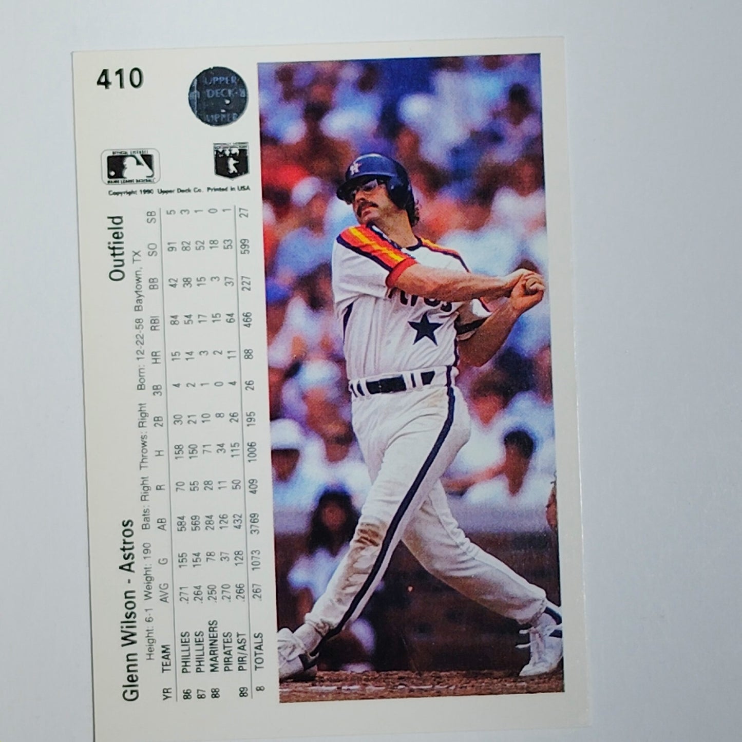 1990 Upper Deck Glenn Wilson #410 Houston Astros OF - Dugout Portrait - VG/EX