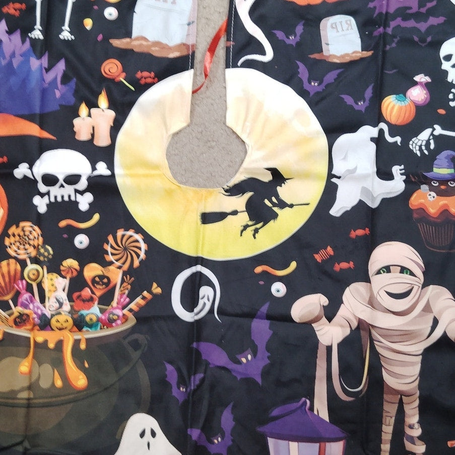 36" Halloween Tree Skirt – Haunted Scene with Ghosts, Skeletons, Witch & Moon